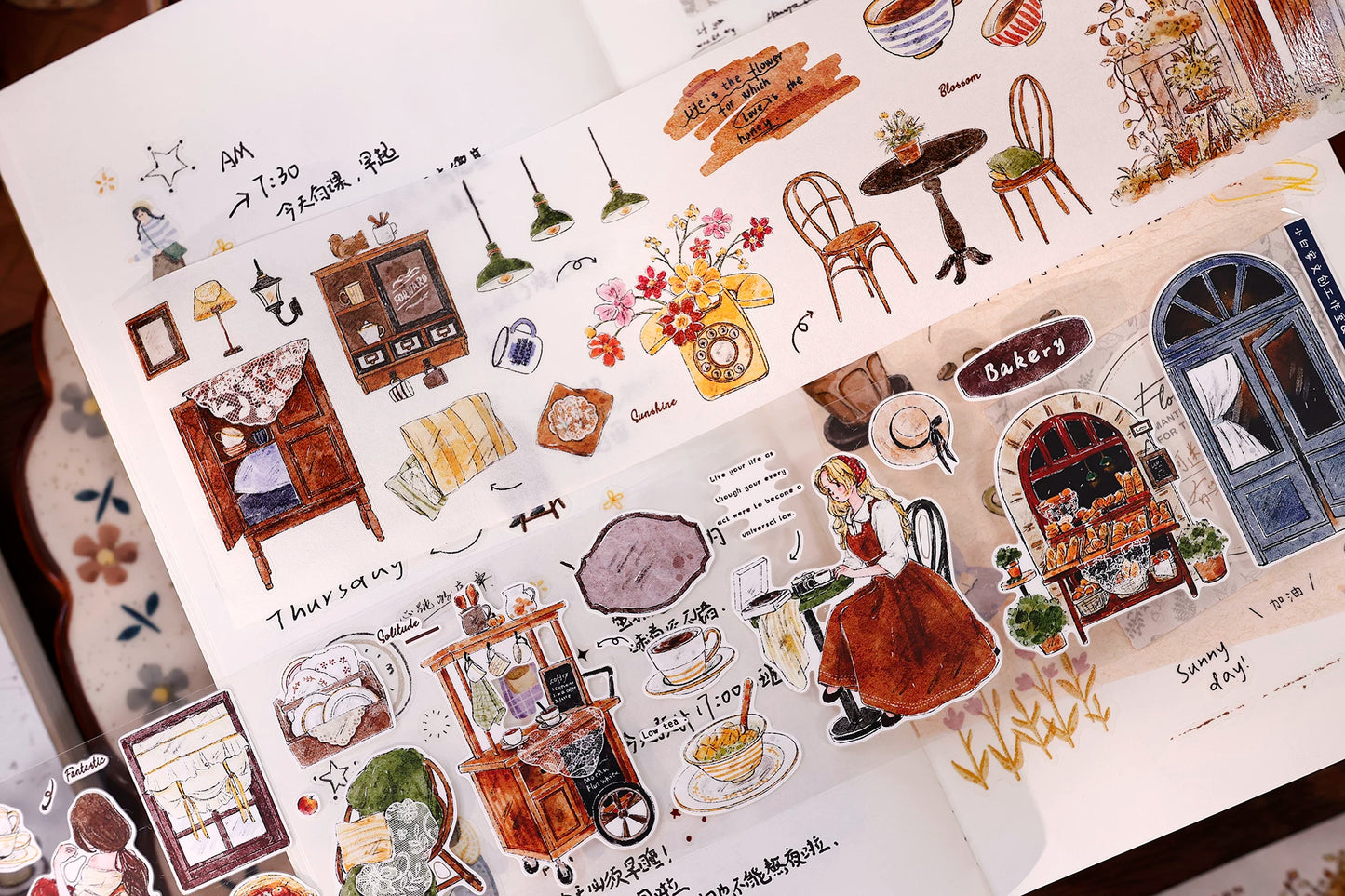 XiaoBaiJia Salt Series【Warm Light and Leisurely Delights】Pre-cut Orginal Design Vintage Scene Washi/Pet Tape Light Retro Stickers