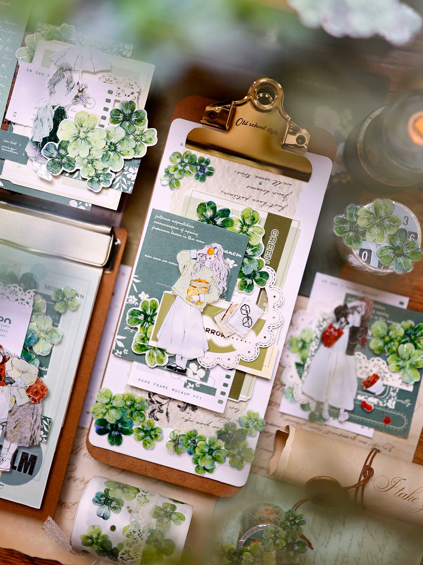 XiaoBaiJia【four-leaf clover】Orginal Design Kiss-cut Washi/Pet Floral Tape Light Retro Landscaping Stickers