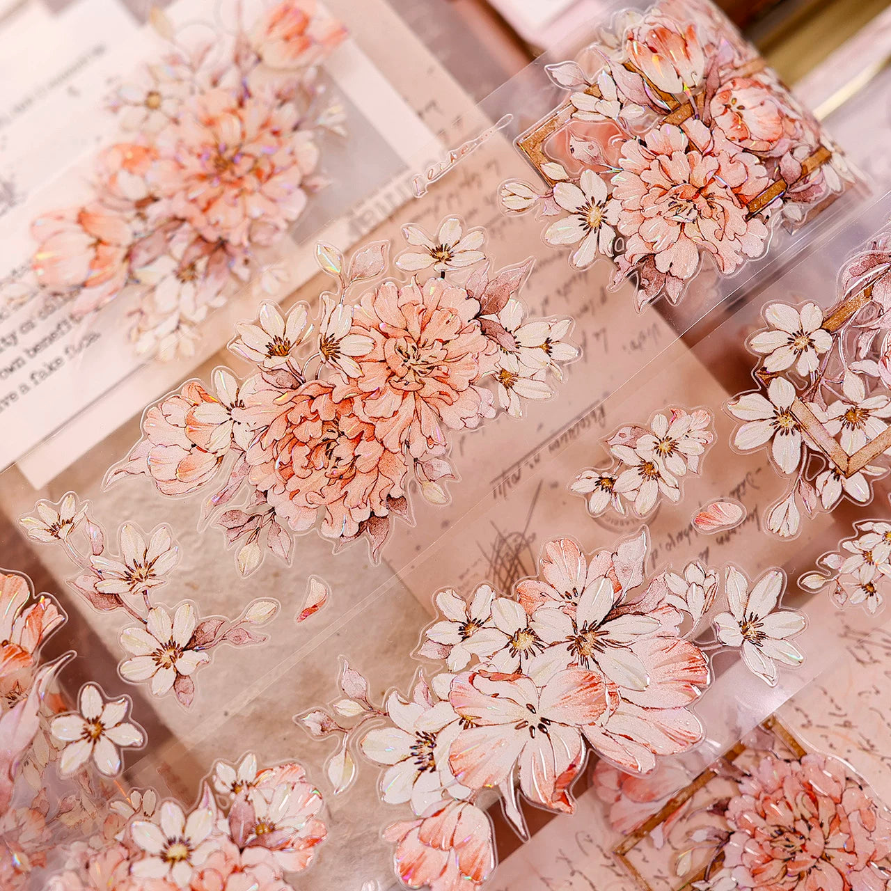 XiaoBaiJia Salt Series【Orange Shadow】Pre-cut Orginal Design Vintage Peony Flowers Washi/Pet Tape Light Retro Stickers