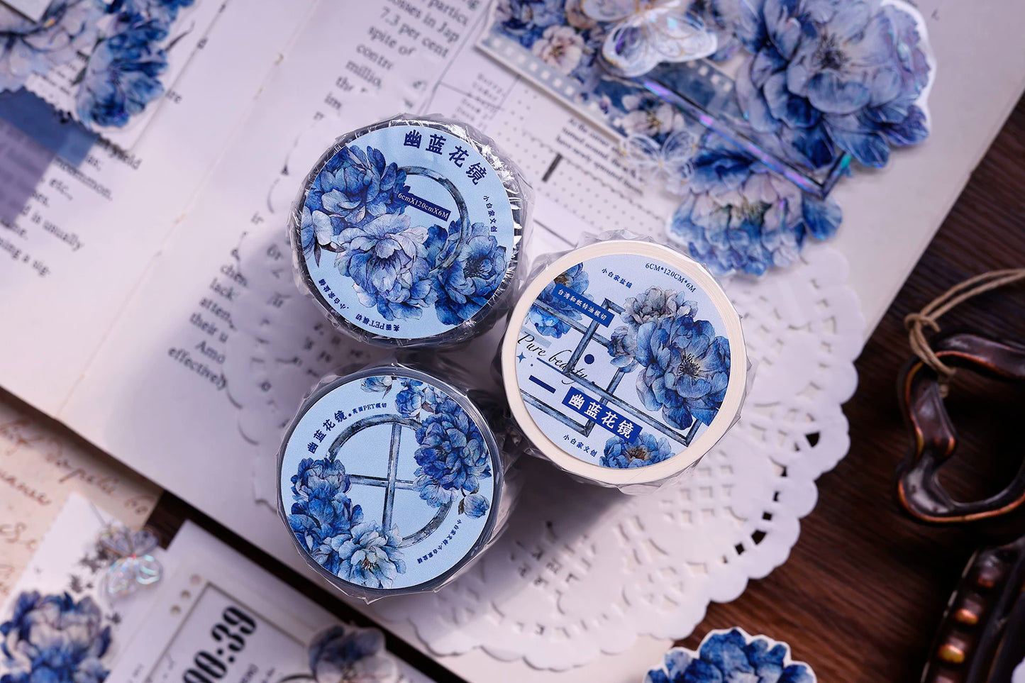 XiaoBaiJia Salt Series【Blue Mirror】Orginal Design Kiss-cut Washi/Pet Floral Tape Light Retro Landscaping Stickers