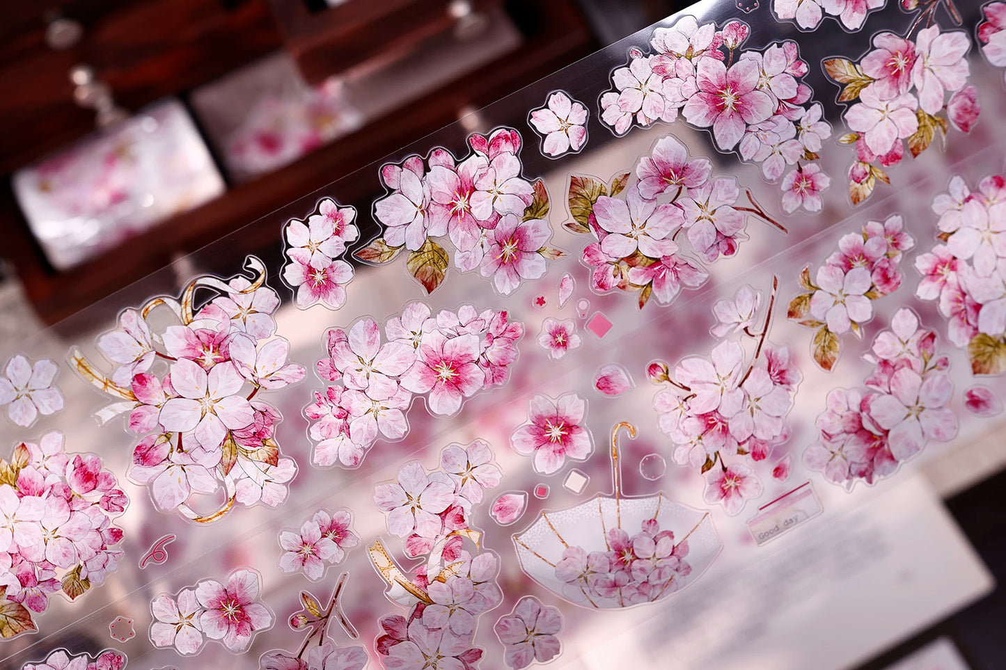 XiaoBaiJia【Pink Cherry Blossoms】Orginal Design Floral Washi Pet Tape Light Retro Landscaping Stickers