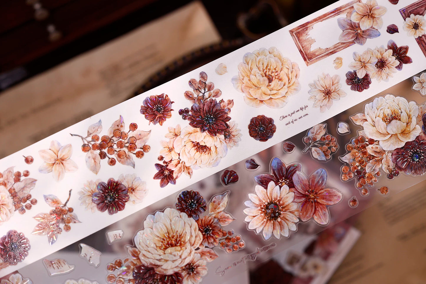 XiaoBaiJia【Peony Shadow Flower Description】Pre-cut Floral Orginal Design Washi Pet Tape Light Retro Stickers