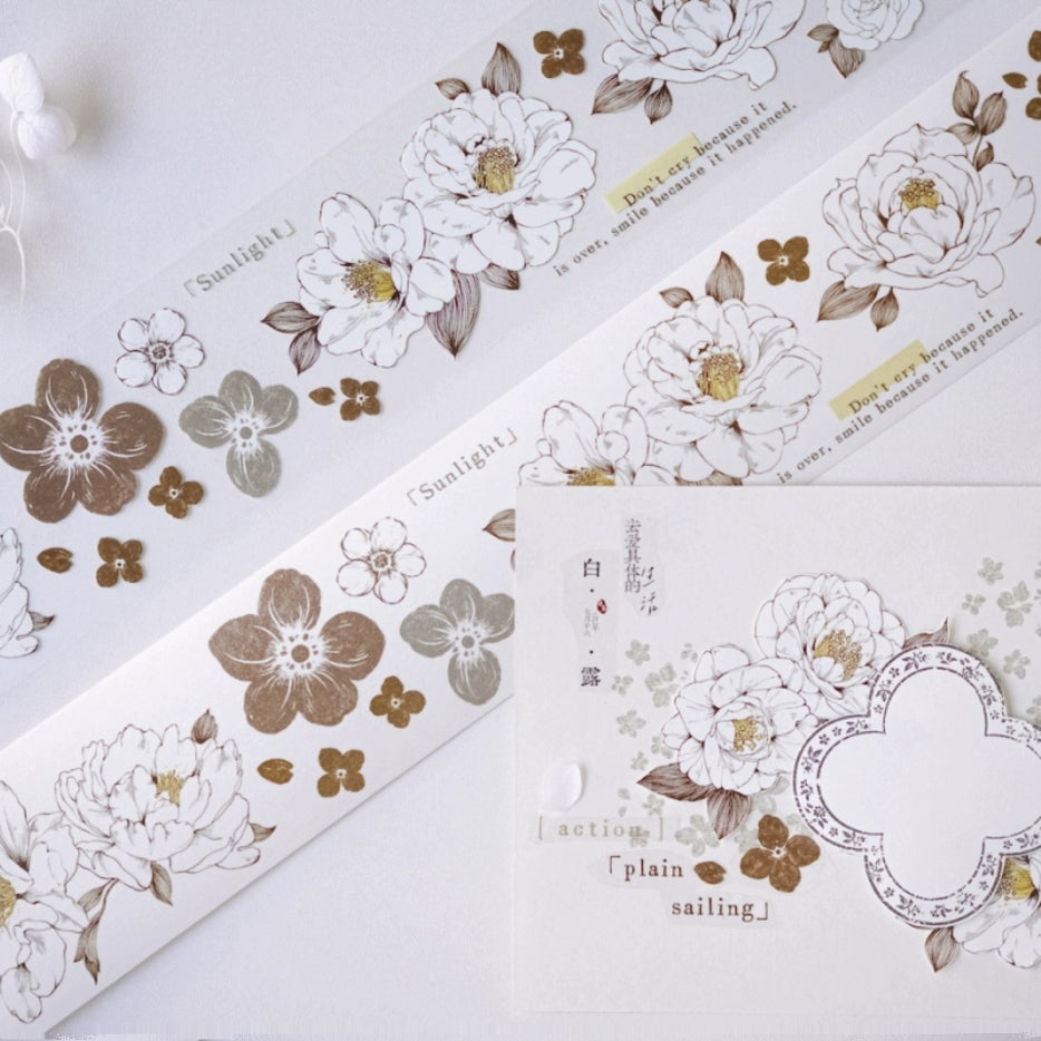 YuanZi Vol7【Misty White Camellia】Orginal Design Washi/Pet Tape Light Retro Flowers Stickers,for Scrapbook Supplies,Scrapbook Tape Stickers,Junk Journal Supplies