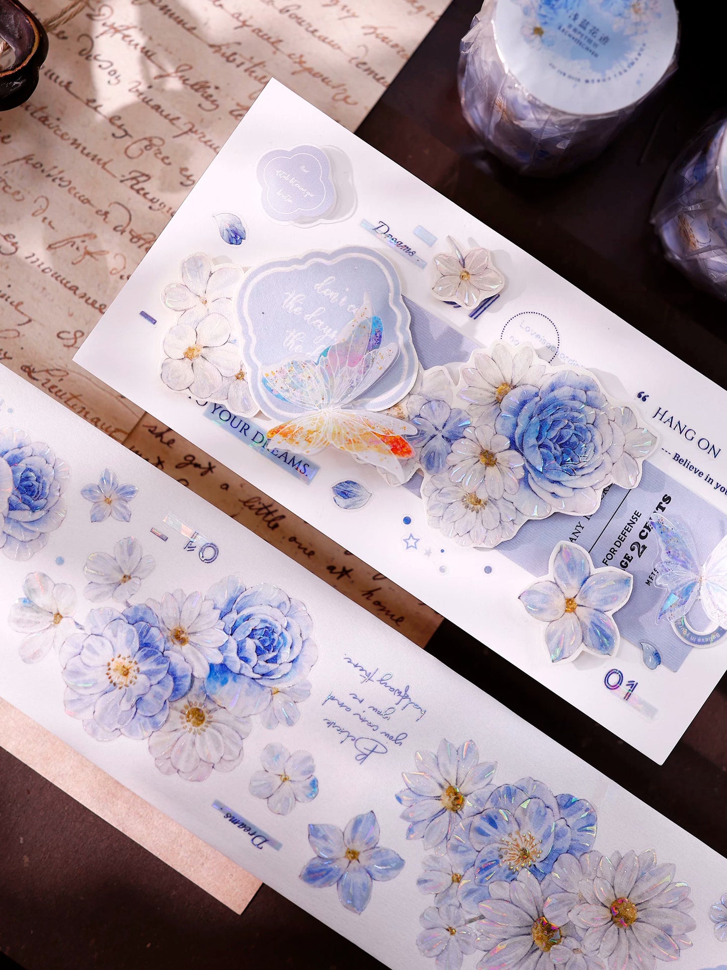 XiaoBaiJia【Light Blue Floral Trace】Orginal Design Floral Washi Pet Tape Light Retro Landscaping Stickers