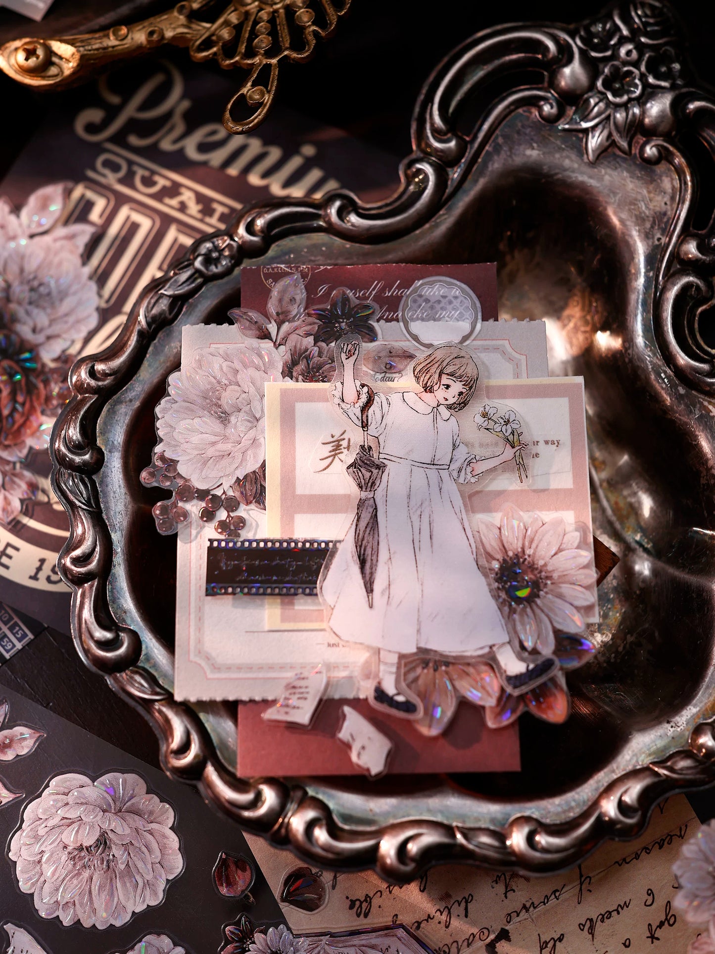 XiaoBaiJia【Brown Shadow Old Paper】Pre-cut Floral Orginal Design Washi Pet Tape Light Retro Stickers