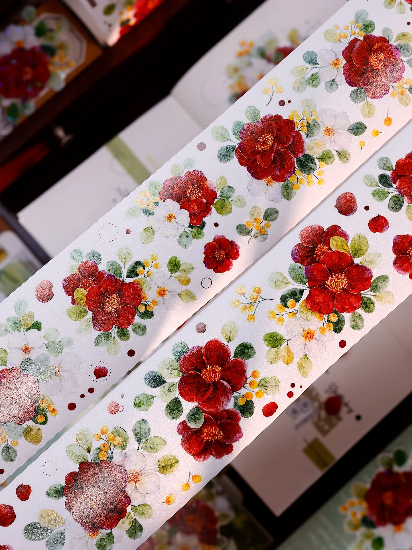 XiaoBaiJia Salt Series【Red Tea for Spring】Pre-cut Orginal Design Red and White Camellia Flowers Washi/Pet Tape Light Retro Stickers