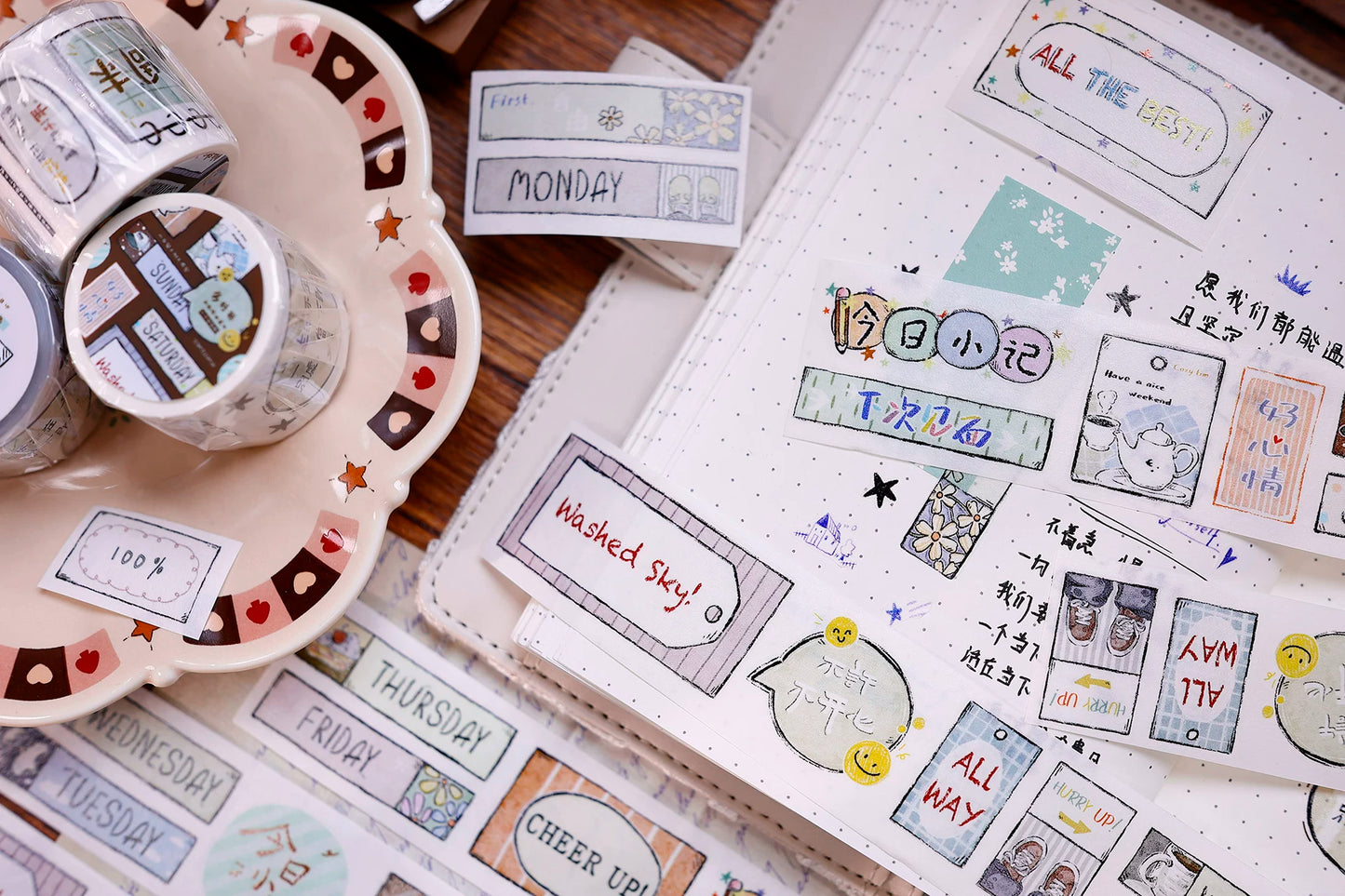XiaoBaiJia Salt Series【Many Signs】Pre-cut Orginal Design Handwritten Chinese and English Word Borders Washi/Pet Tape Light Retro Stickers
