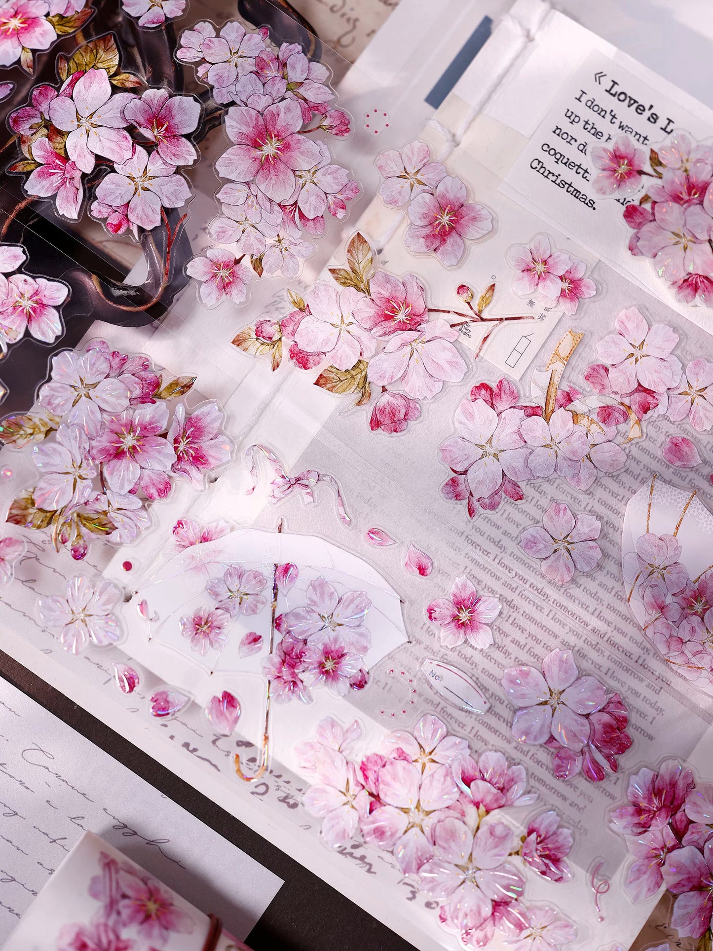 XiaoBaiJia【Pink Cherry Blossoms】Orginal Design Floral Washi Pet Tape Light Retro Landscaping Stickers