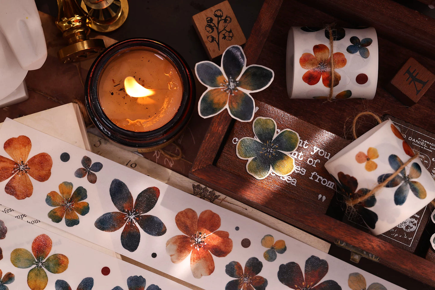 XiaoBaiJia Salt Series【Cold Tea Brown】Orginal Design Kiss-cut Washi/Pet Floral Tape Light Retro Landscaping Stickers