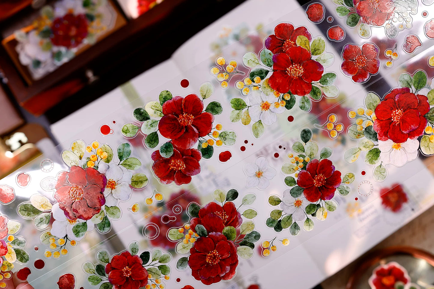 XiaoBaiJia Salt Series【Red Tea for Spring】Pre-cut Orginal Design Red and White Camellia Flowers Washi/Pet Tape Light Retro Stickers