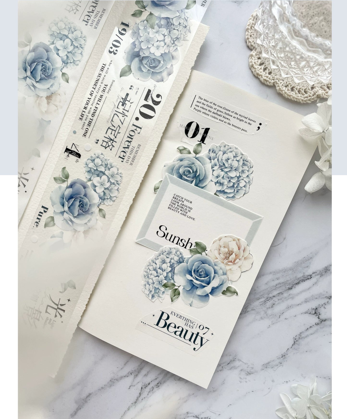 TianCheng-Vol3【Old Dream in the Garden】Floral  and Text Washi/PET Tape,for Scrapbook Supplies,Scrapbook Tape Stickers,Junk Journal Supplies