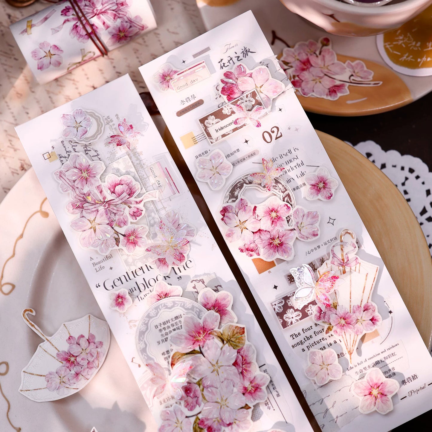 XiaoBaiJia【Pink Cherry Blossoms】Orginal Design Floral Washi Pet Tape Light Retro Landscaping Stickers