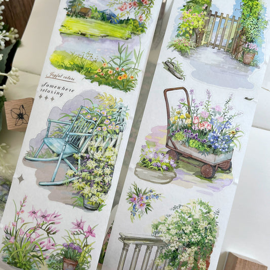ZiYuanSu【Spring's Colors Fill Garden】Scene/Landscape Pre-cut Washi/PET Tape,for Scrapbook Supplies,Scrapbook Tape Stickers,Junk Journal Supplies