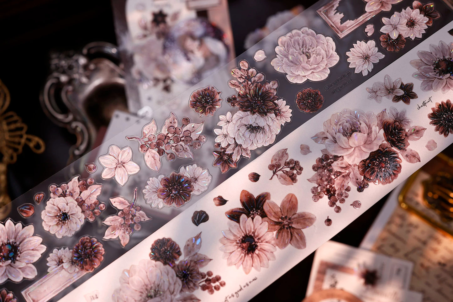XiaoBaiJia【Brown Shadow Old Paper】Pre-cut Floral Orginal Design Washi Pet Tape Light Retro Stickers