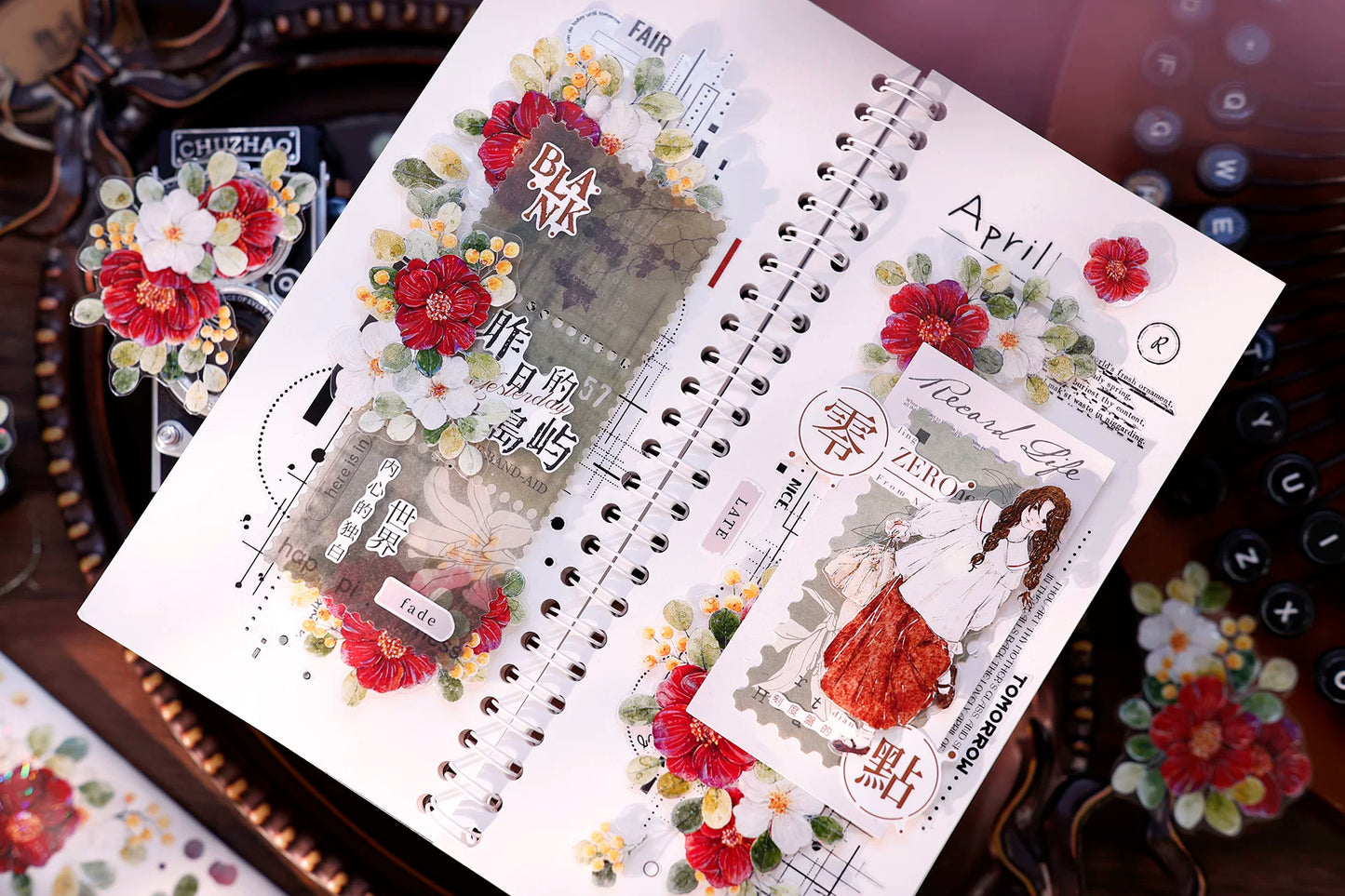 XiaoBaiJia Salt Series【Red Tea for Spring】Pre-cut Orginal Design Red and White Camellia Flowers Washi/Pet Tape Light Retro Stickers