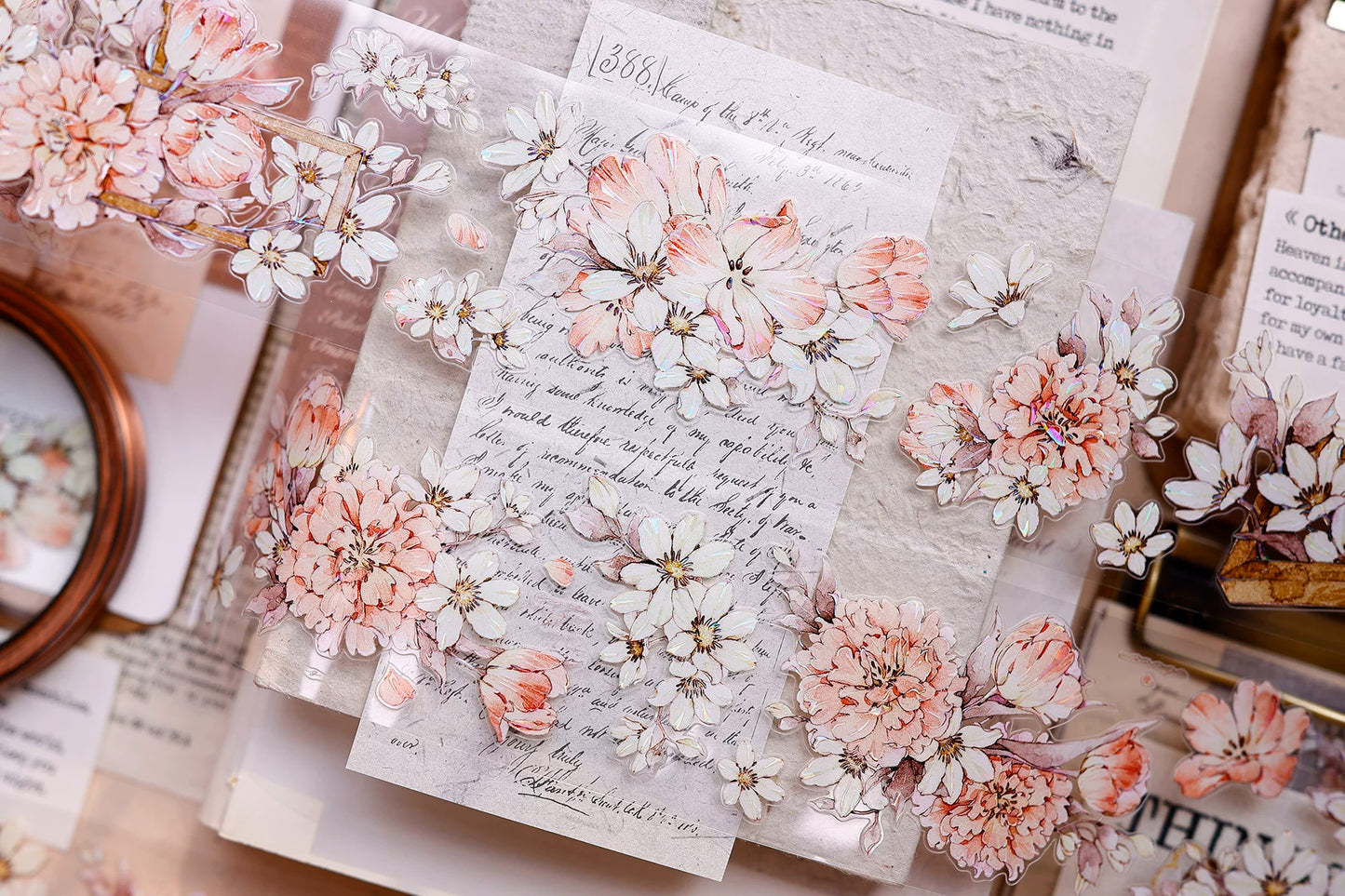 XiaoBaiJia Salt Series【Orange Shadow】Pre-cut Orginal Design Vintage Peony Flowers Washi/Pet Tape Light Retro Stickers
