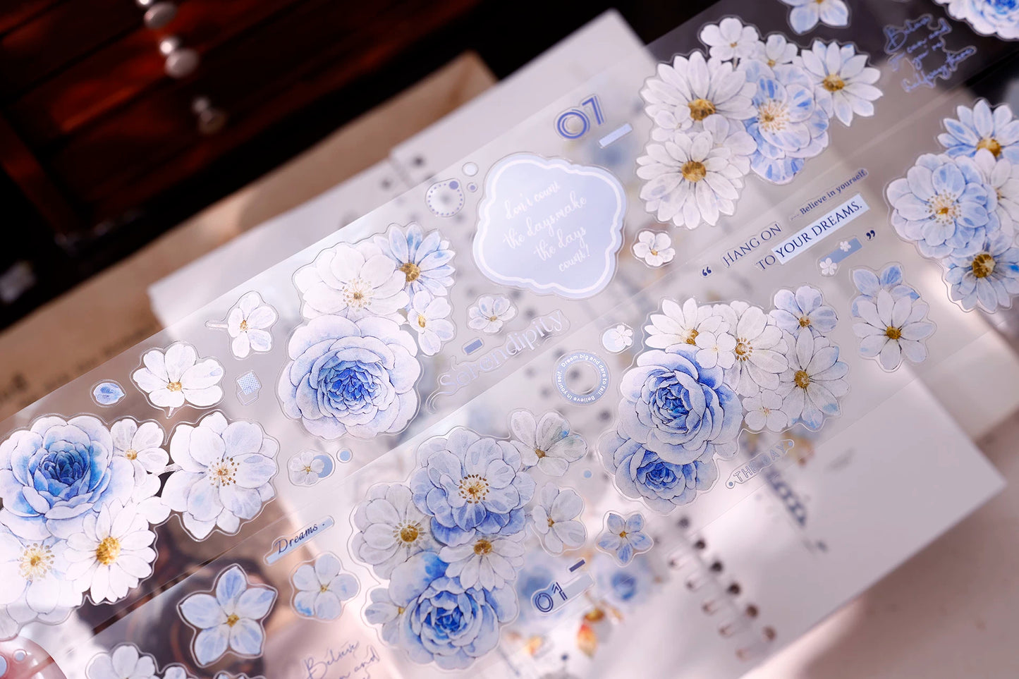 XiaoBaiJia【Light Blue Floral Trace】Orginal Design Floral Washi Pet Tape Light Retro Landscaping Stickers