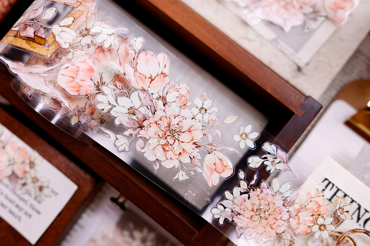 XiaoBaiJia Salt Series【Orange Shadow】Pre-cut Orginal Design Vintage Peony Flowers Washi/Pet Tape Light Retro Stickers