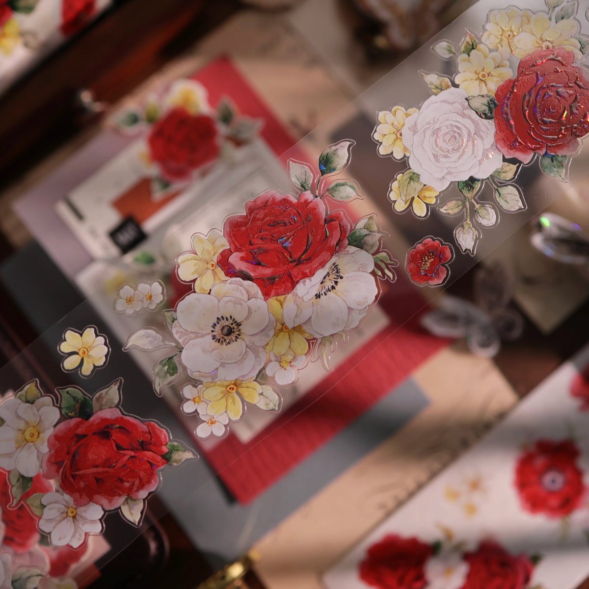 YiEr Vol18【Zhu Bai Qing Fang】Pre-cut Orginal Design Red Rose Washi Tape and PET Stickers