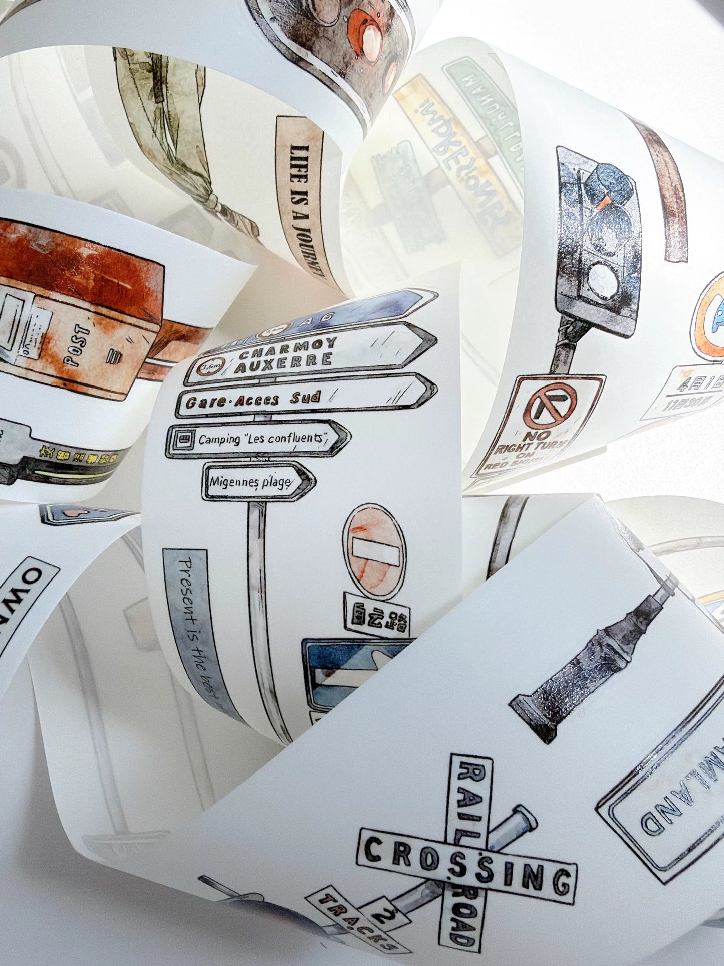 Kaixiaoxun Vol13【Road Sign】 Pre-Cut Long Loop Washi/Matte PET Tape for Scrapbook Supplies,Junk Journal Supplies