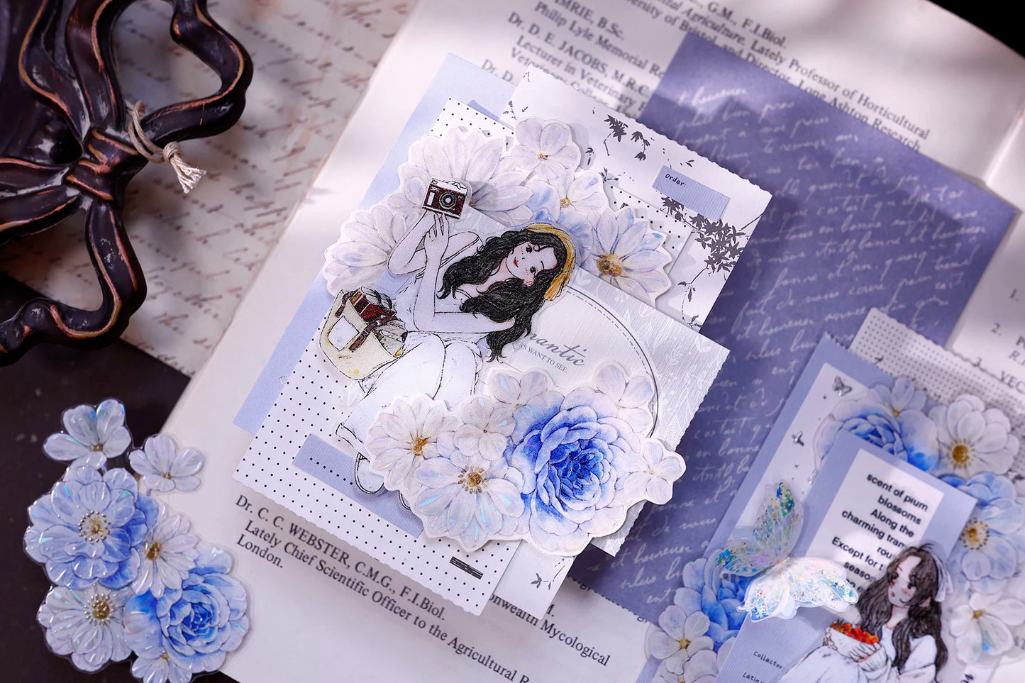 XiaoBaiJia【Light Blue Floral Trace】Orginal Design Floral Washi Pet Tape Light Retro Landscaping Stickers