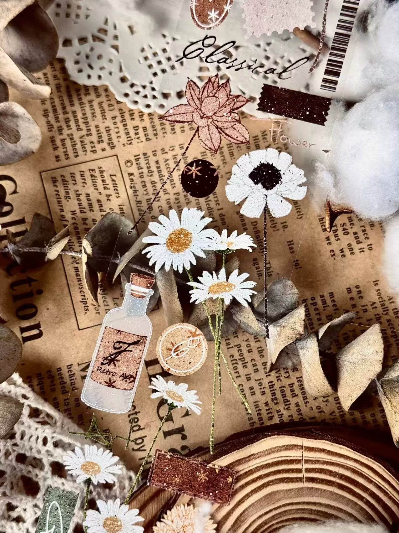 Linlanxi【Hand drawn Flower Collection】 Original New Product Light Retro Bouquet Washi/Pet Tape Long Loop Whole Roll