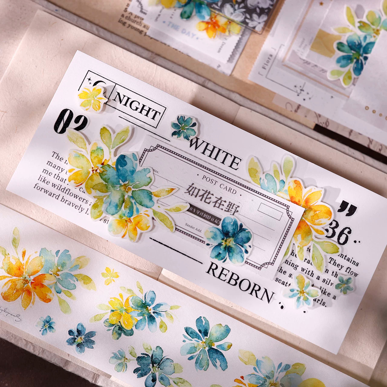 XiaoBaiJia【Picking Up Blue】Pre-cut Floral Orginal Design Washi Pet Tape Light Retro Stickers