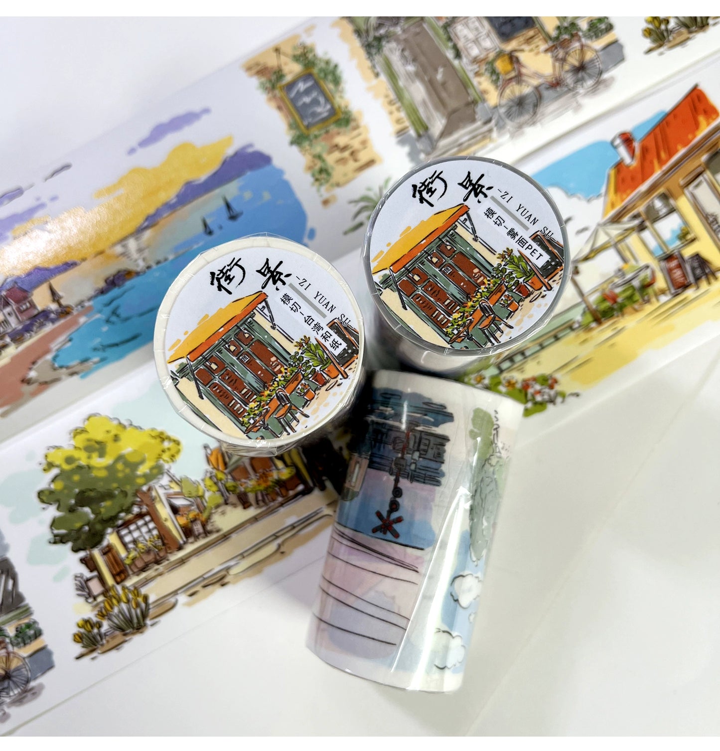 ZiYuanSu【Street View】Background Scene/Landscape Pre-cut Washi/PET Tape,for Scrapbook Supplies,Scrapbook Tape Stickers,Junk Journal Supplies