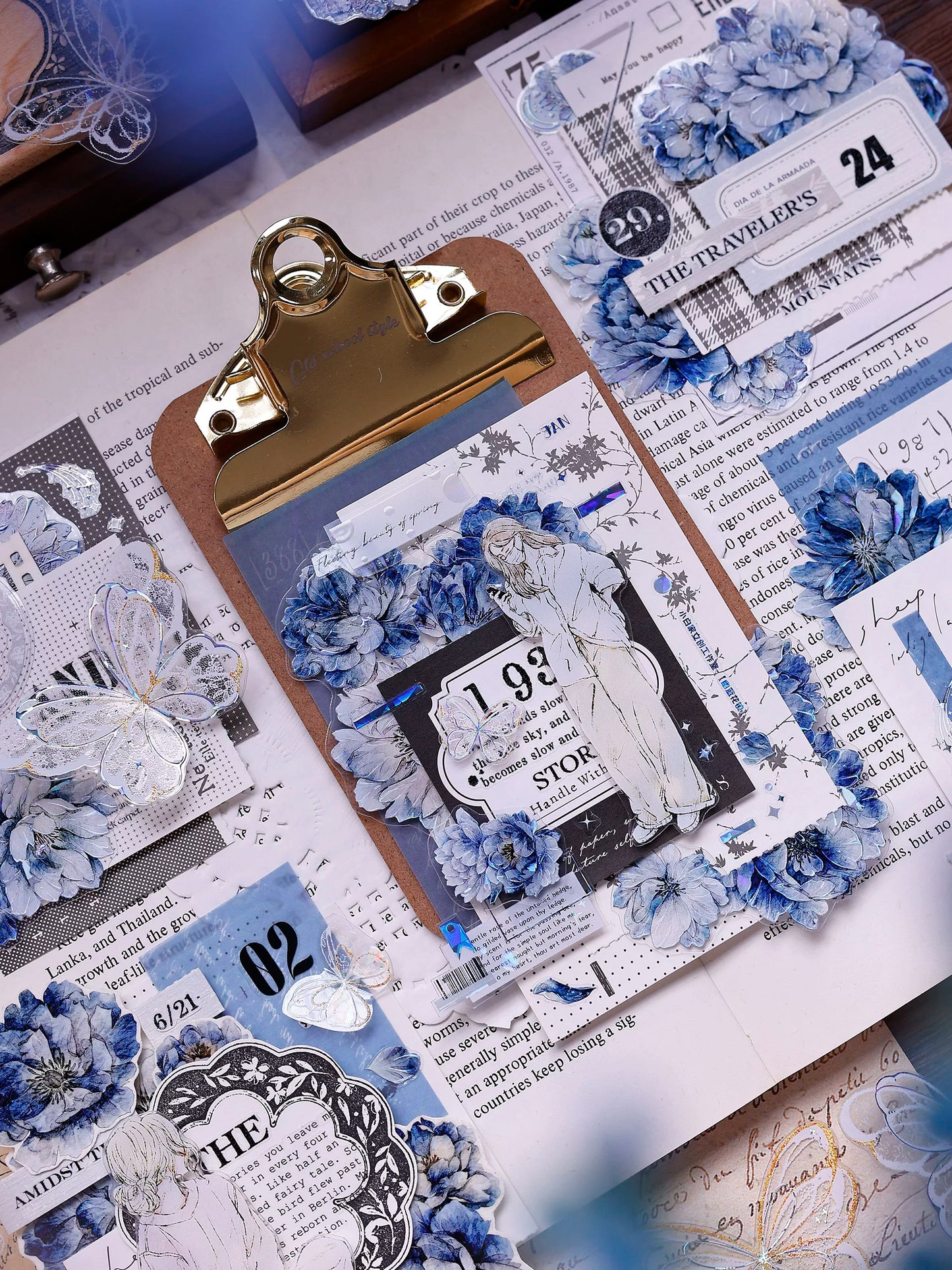 XiaoBaiJia Salt Series【Blue Mirror】Orginal Design Kiss-cut Washi/Pet Floral Tape Light Retro Landscaping Stickers