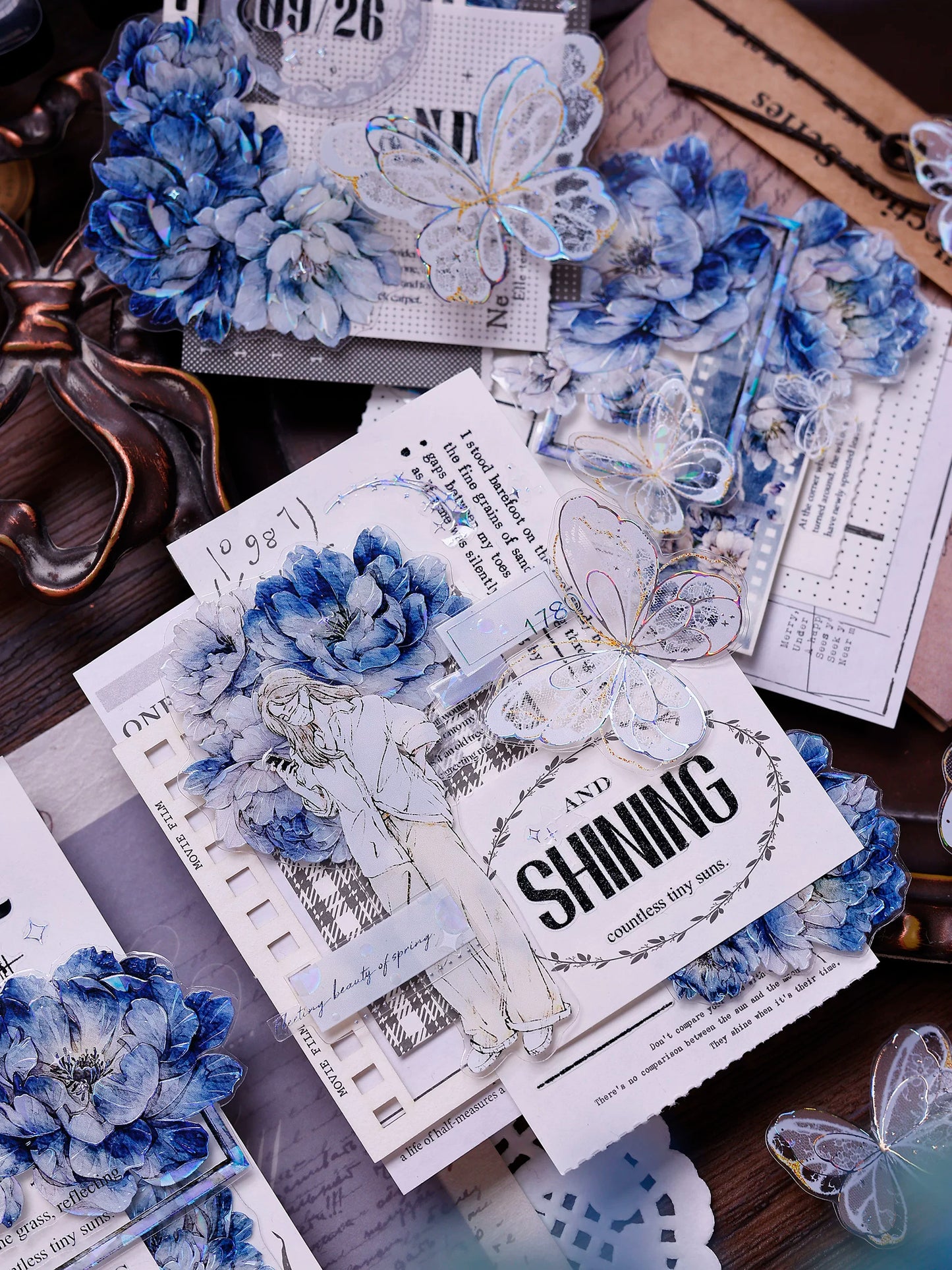 XiaoBaiJia Salt Series【Blue Mirror】Orginal Design Kiss-cut Washi/Pet Floral Tape Light Retro Landscaping Stickers