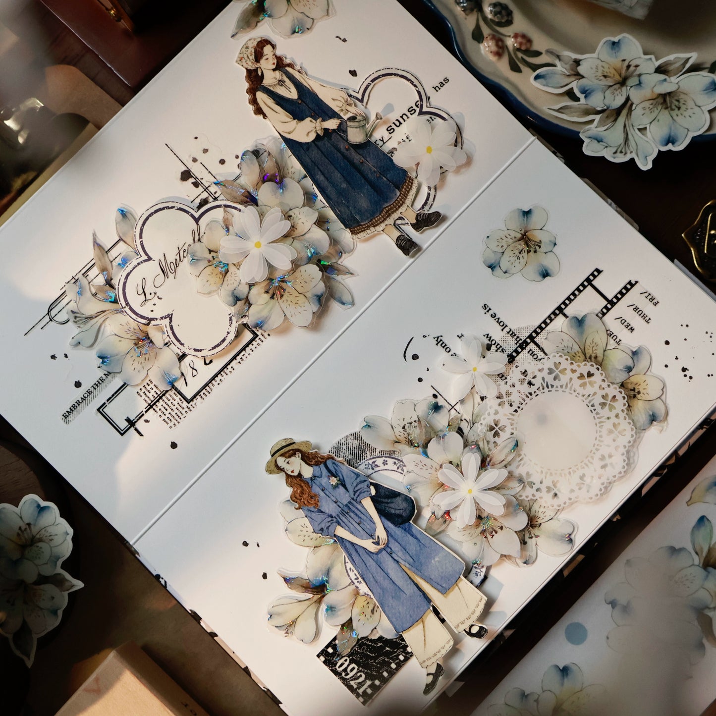 YiEr Vol15【Black and White Flowers】Orginal Design Pre-cut Washi/Pet Floral Tape Light Retro Landscaping Stickers