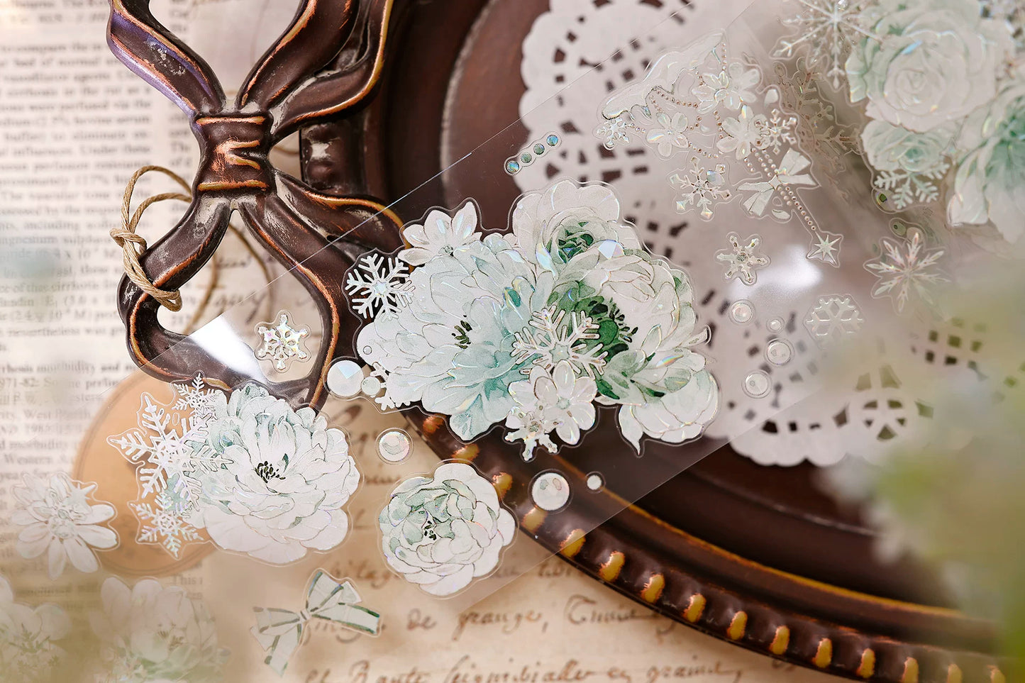 XiaoBaiJia Salt Series【Peppermint Ice】Pre-cut Orginal Design Light Retro Blue and Green Floral Pattern Washi/Pet Tape Light Retro Stickers