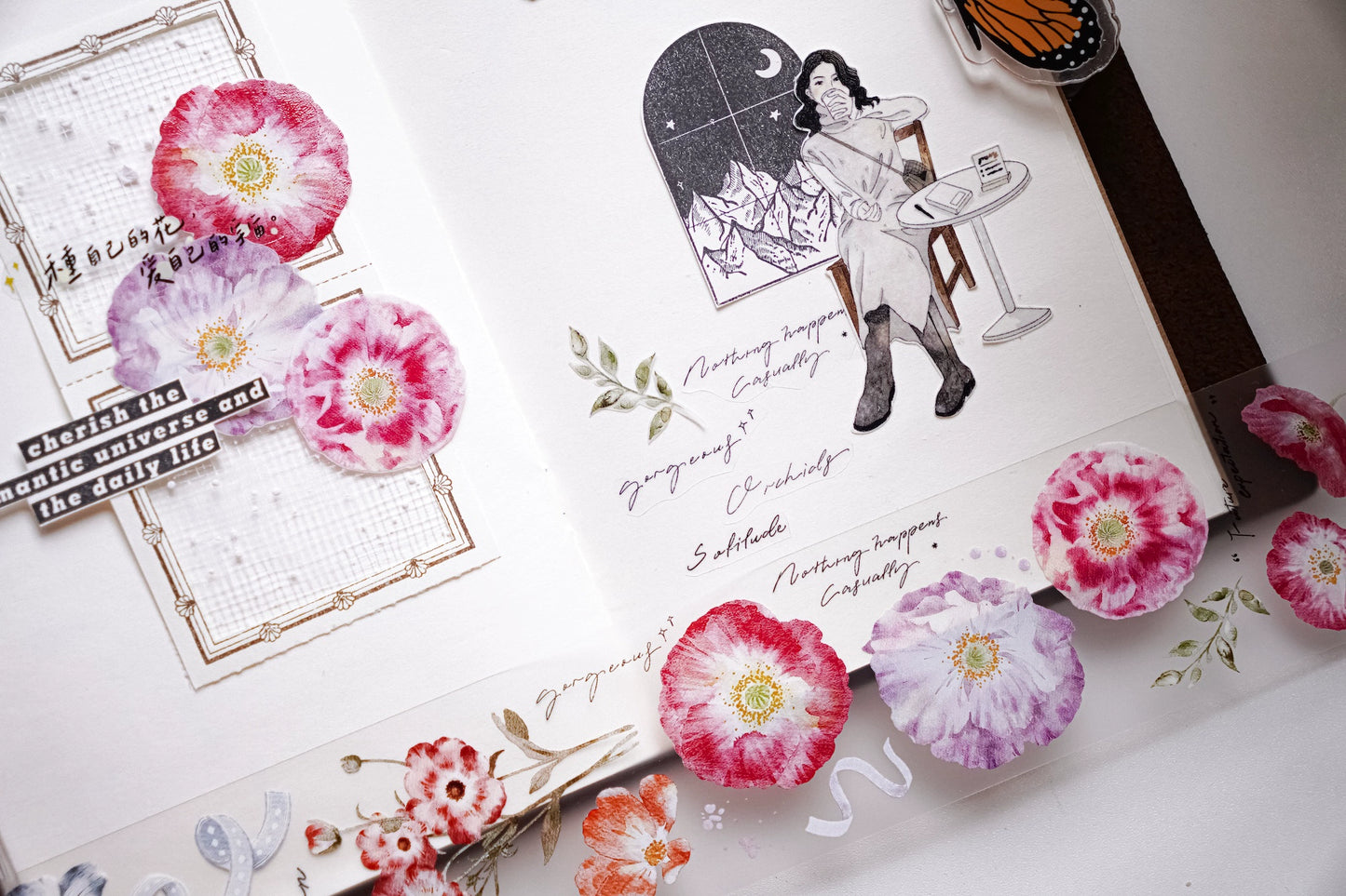 YuanZi Vol7【A Touch of Spring】Orginal Design Washi/Pet Tape Light Retro Flowers Stickers,for Scrapbook Supplies,Scrapbook Tape Stickers,Junk Journal Supplies