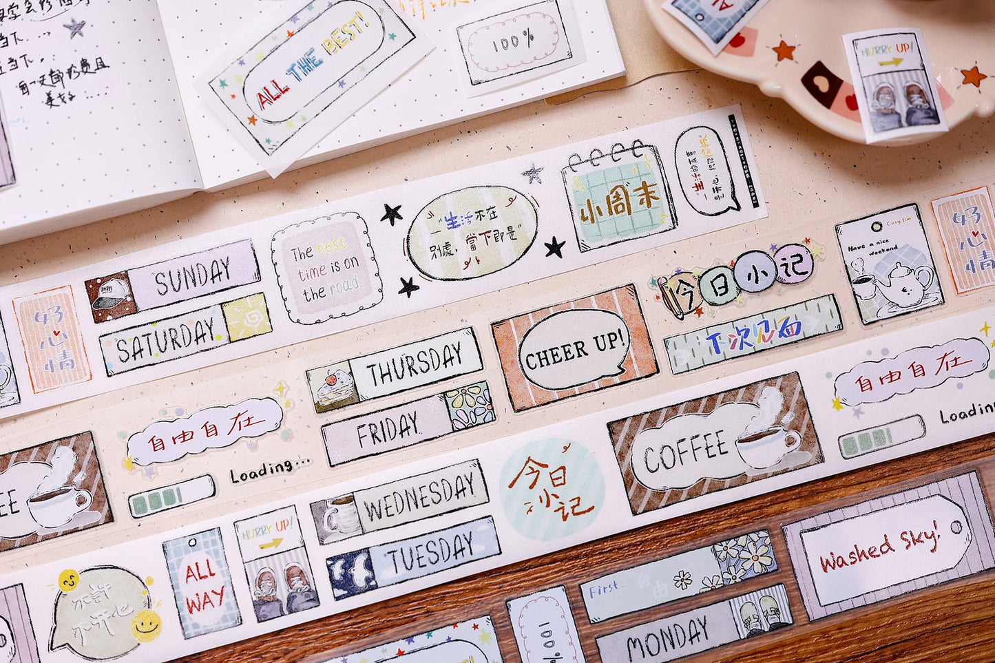 XiaoBaiJia Salt Series【Many Signs】Pre-cut Orginal Design Handwritten Chinese and English Word Borders Washi/Pet Tape Light Retro Stickers