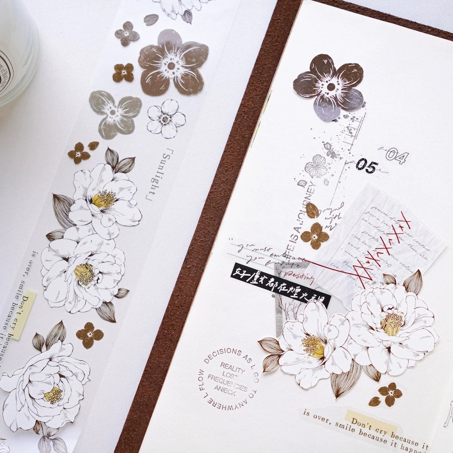 YuanZi Vol7【Misty White Camellia】Orginal Design Washi/Pet Tape Light Retro Flowers Stickers,for Scrapbook Supplies,Scrapbook Tape Stickers,Junk Journal Supplies