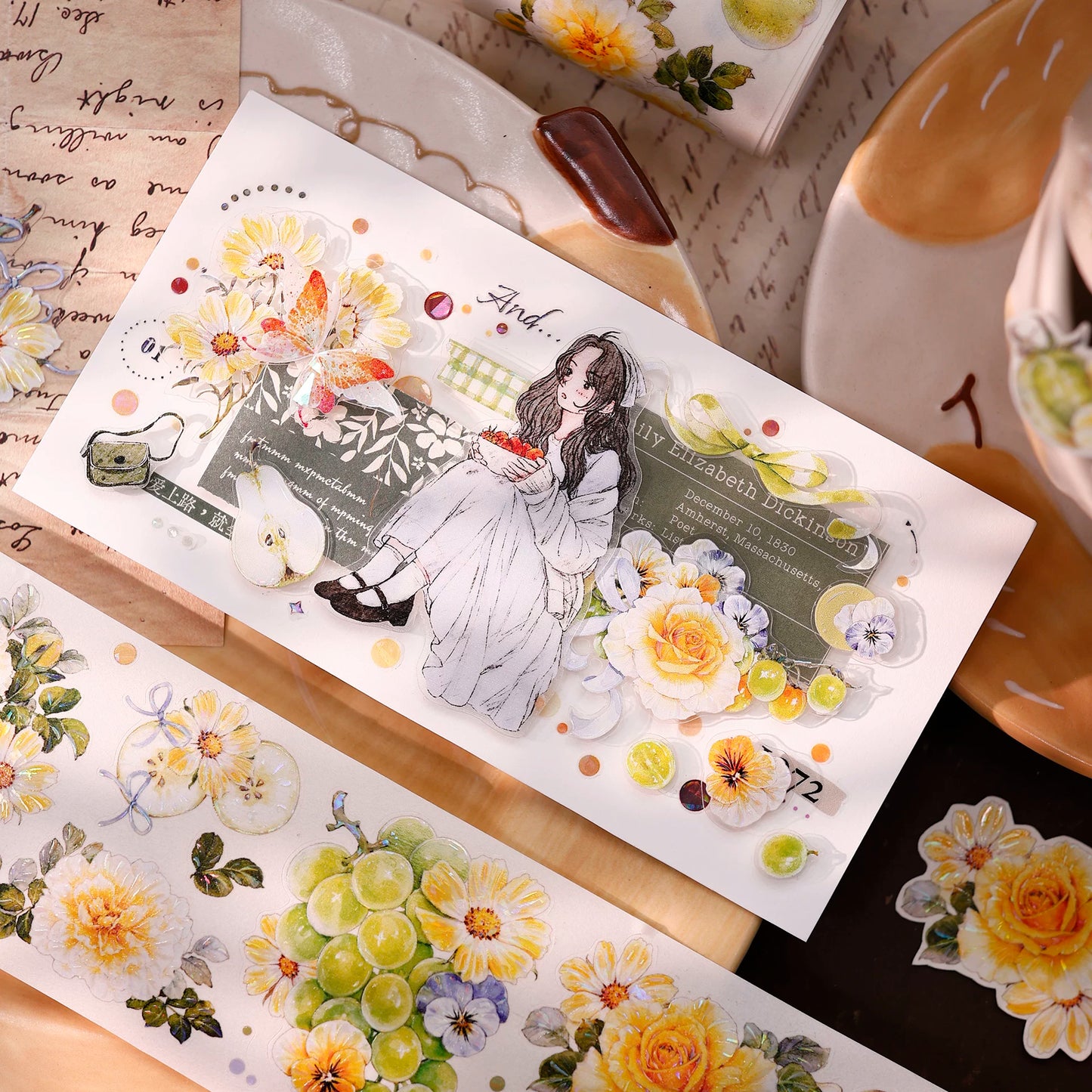 XiaoBaiJia【Green Grape Vine】Pre-cut Floral Orginal Design Washi Pet Tape Light Retro Stickers