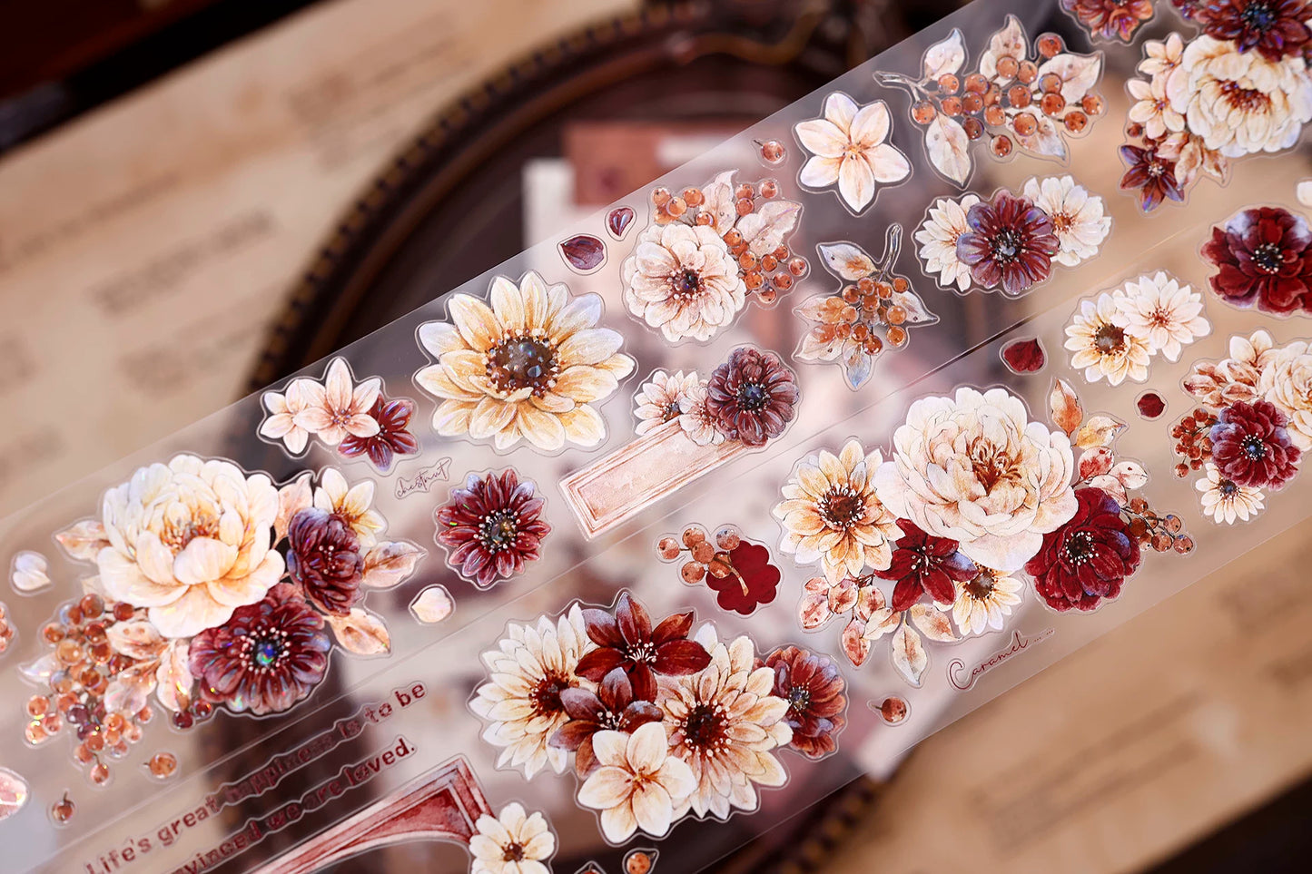 XiaoBaiJia【Peony Shadow Flower Description】Pre-cut Floral Orginal Design Washi Pet Tape Light Retro Stickers