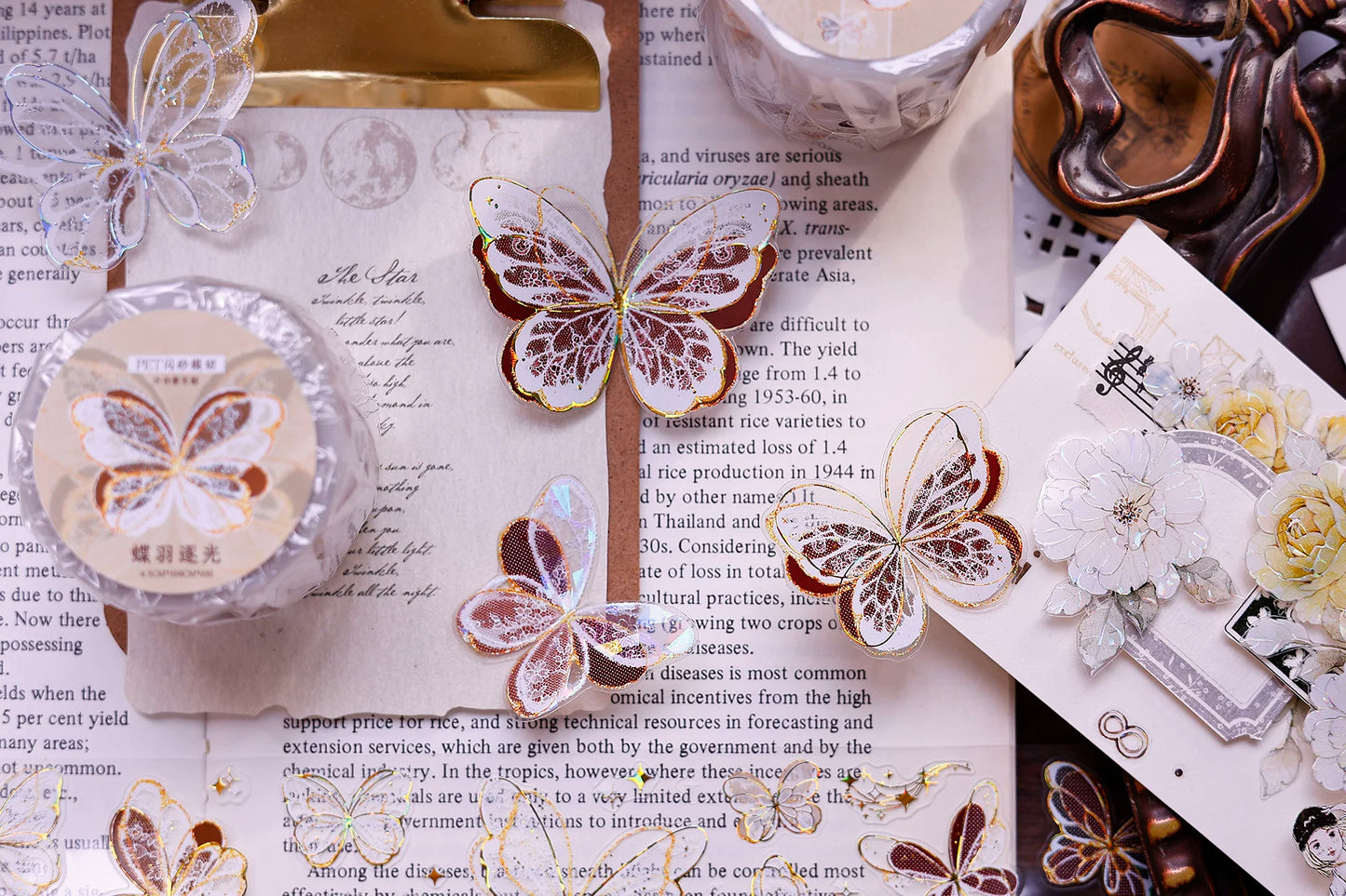 XiaoBaiJia Salt Series【Butterfly Feathers Chasing Light】Orginal Design Kiss-cut Washi/Pet Floral Tape Light Retro Landscaping Stickers