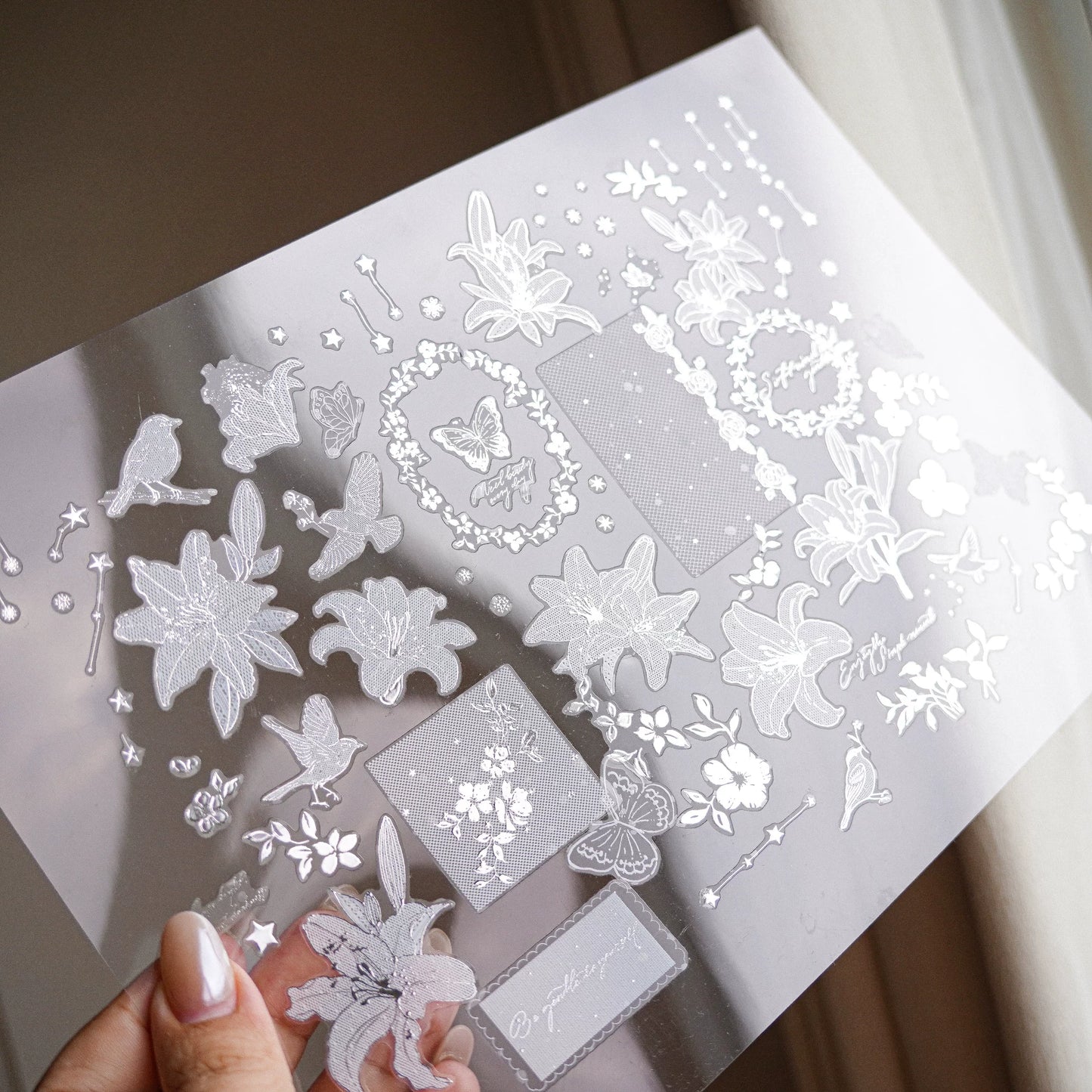 Yuanzi-Jennyuanzi【Licht Schatten】Vorgeschnittene Blumen Vogel Schmetterling Stern Kette Heißsilber Washi PET Tape