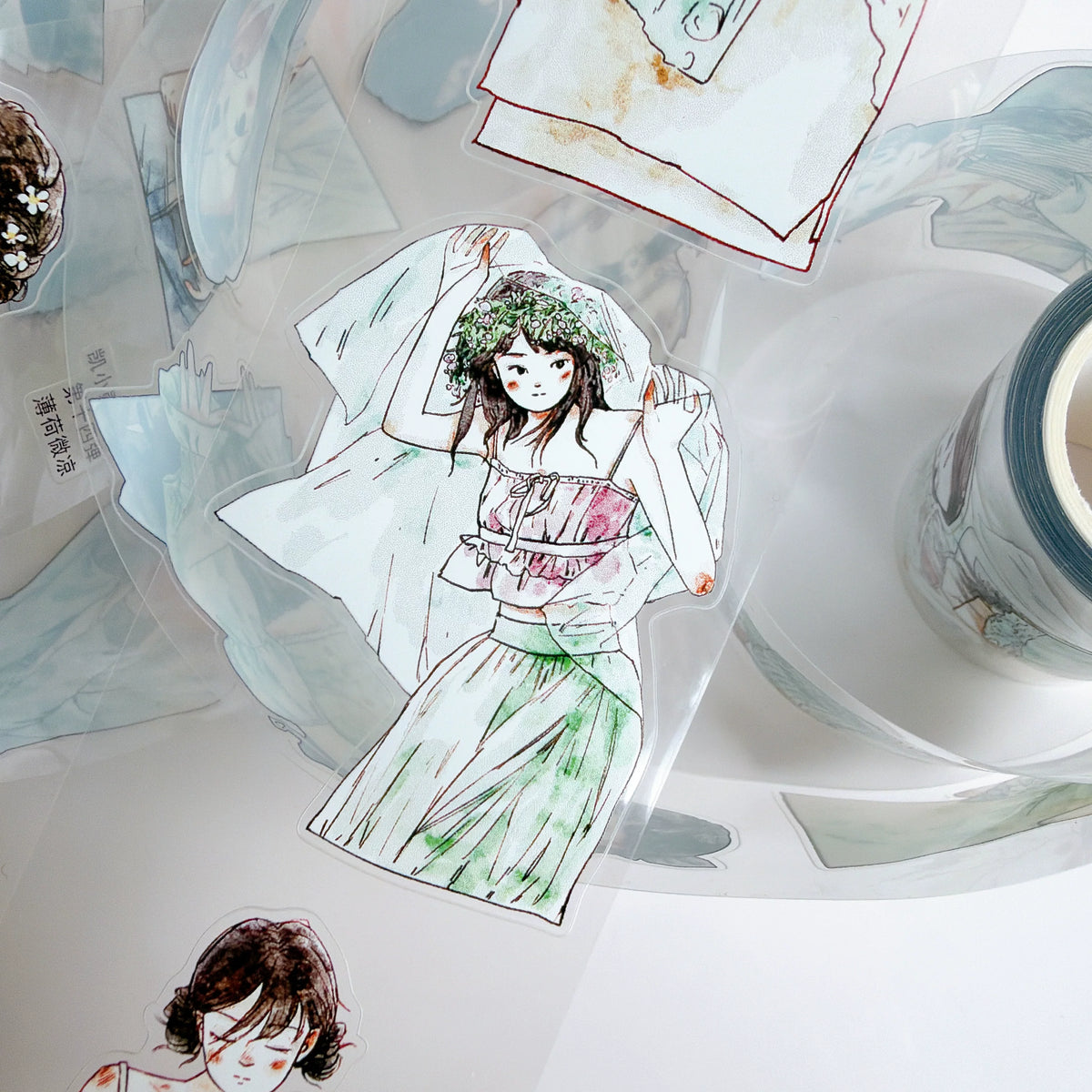 Kaixiaoxun Vol14【Minty Cool】 Pre-Cut Long Loop Washi/Matte PET Tape for Scrapbook Supplies,Junk Journal Supplies