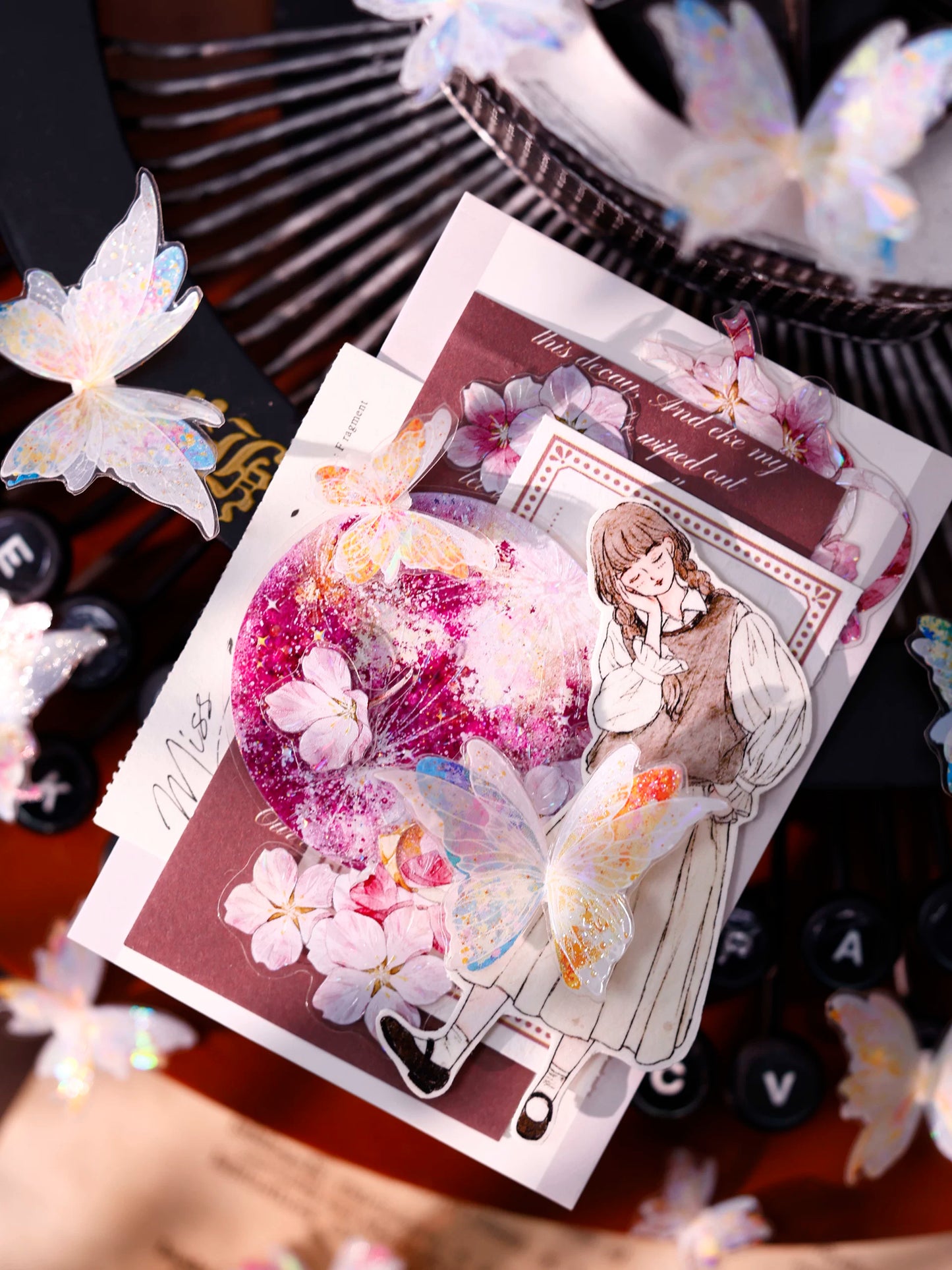 XiaoBaiJia【Liuli Butterfly Dance】Pre-cut Orginal Design Washi Pet Tape Light Retro Stickers