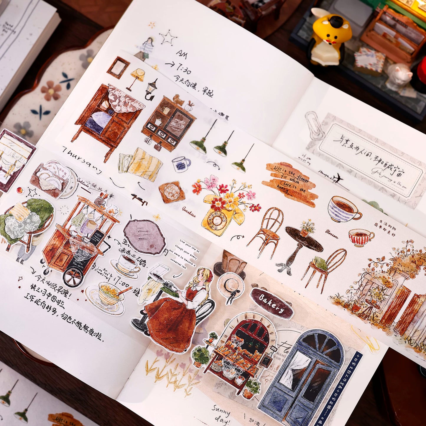 XiaoBaiJia Salt Series【Warm Light and Leisurely Delights】Pre-cut Orginal Design Vintage Scene Washi/Pet Tape Light Retro Stickers