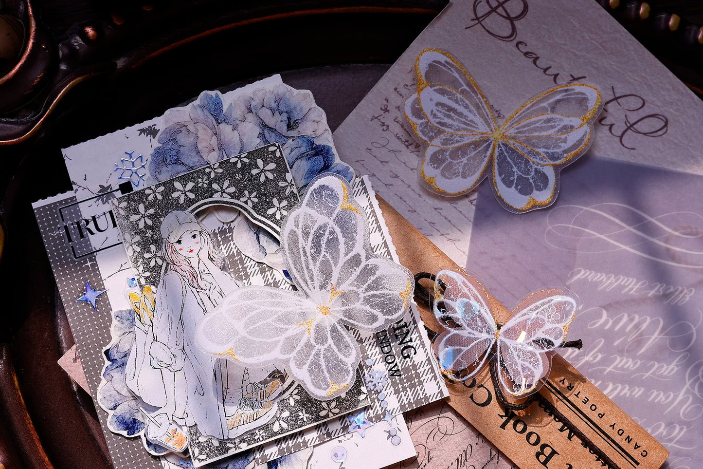 XiaoBaiJia Salt Series【Butterfly Feathers Chasing Light】Orginal Design Kiss-cut Washi/Pet Floral Tape Light Retro Landscaping Stickers