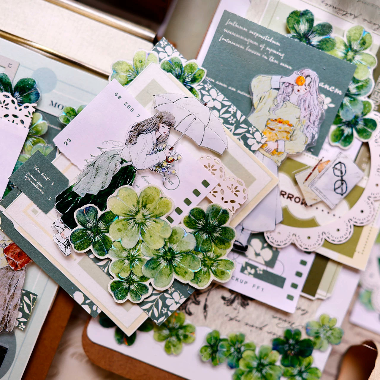 XiaoBaiJia【four-leaf clover】Orginal Design Kiss-cut Washi/Pet Floral Tape Light Retro Landscaping Stickers