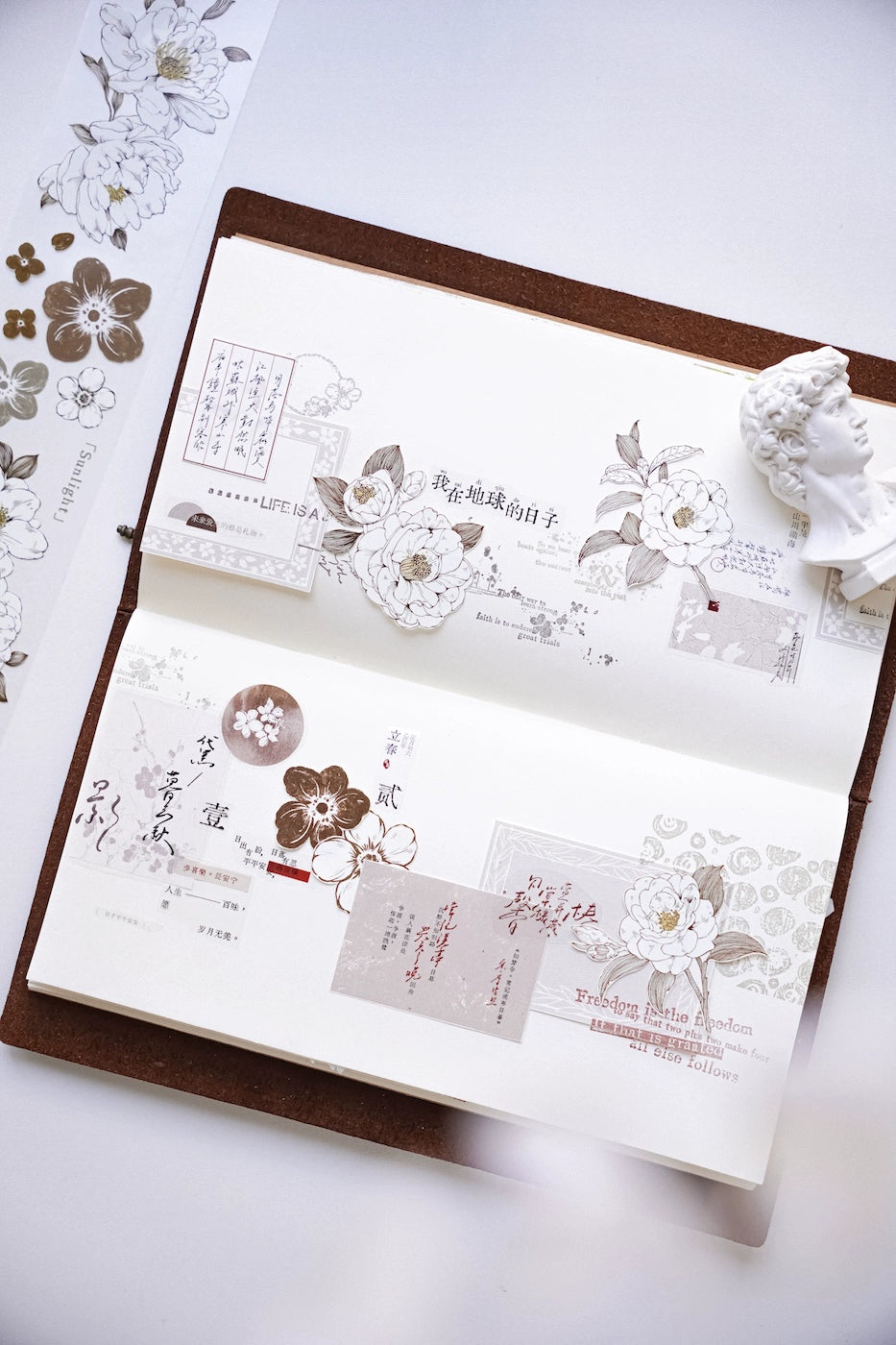 YuanZi Vol7【Misty White Camellia】Orginal Design Washi/Pet Tape Light Retro Flowers Stickers,for Scrapbook Supplies,Scrapbook Tape Stickers,Junk Journal Supplies