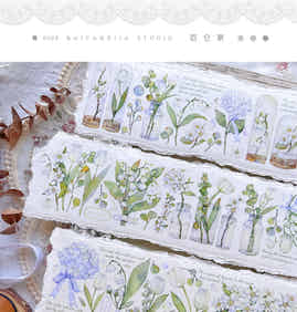 BaiCang【Deep Green Buds】Orginal Design Washi/Pet Tape Light Retro Landscaping Stickers,for Scrapbook Supplies,Scrapbook Tape Stickers,Junk Journal Supplies