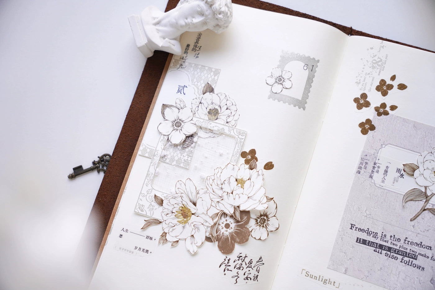 YuanZi Vol7【Misty White Camellia】Orginal Design Washi/Pet Tape Light Retro Flowers Stickers,for Scrapbook Supplies,Scrapbook Tape Stickers,Junk Journal Supplies