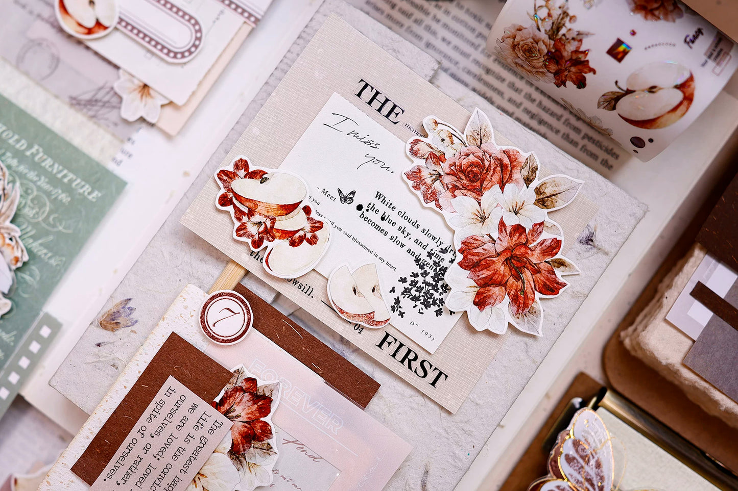 XiaoBaiJia【Sweet Dream Blossoms】Orginal Design Kiss-cut Washi/Pet Floral Tape Light Retro Landscaping Stickers