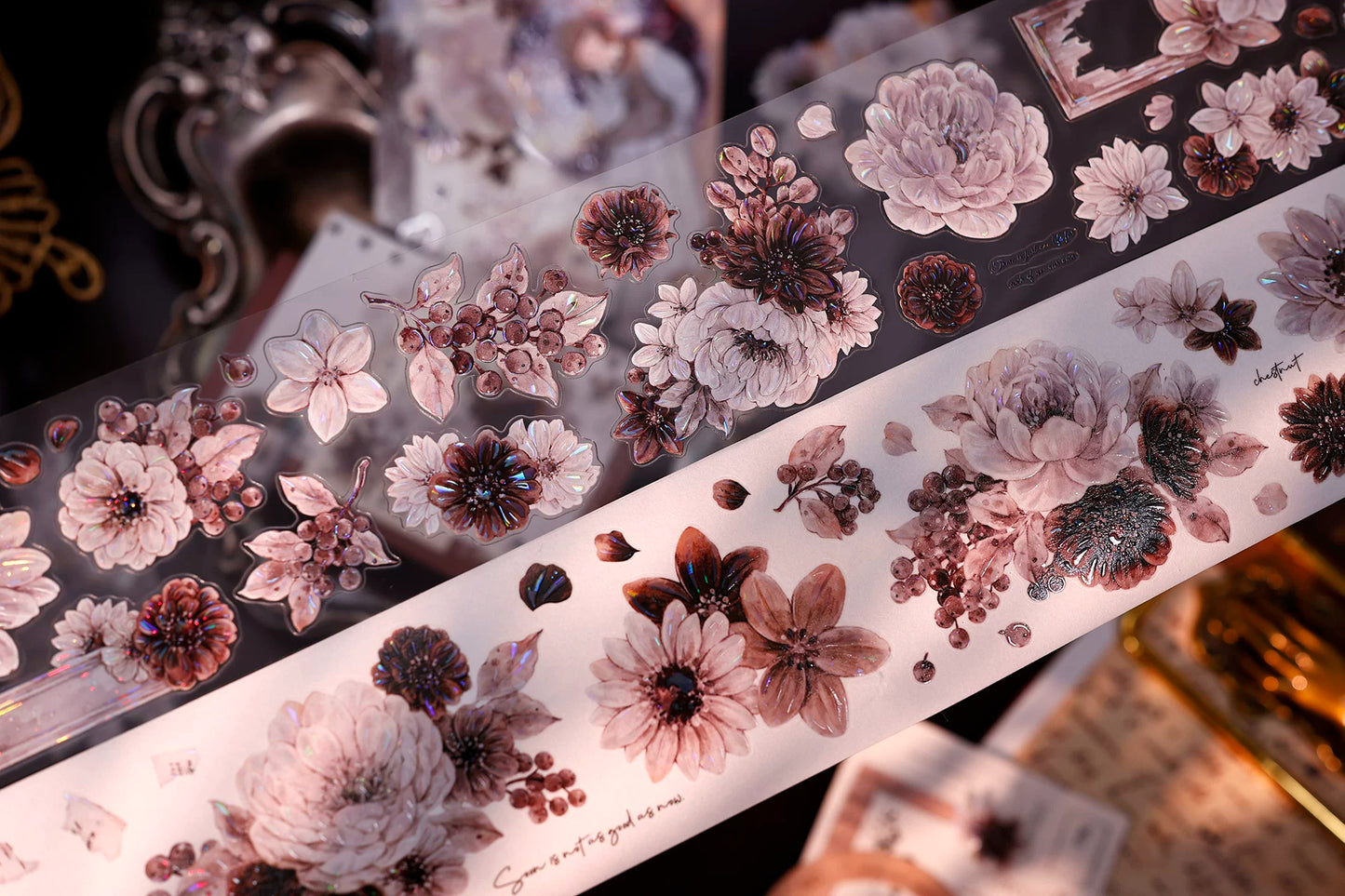 XiaoBaiJia【Brown Shadow Old Paper】Pre-cut Floral Orginal Design Washi Pet Tape Light Retro Stickers