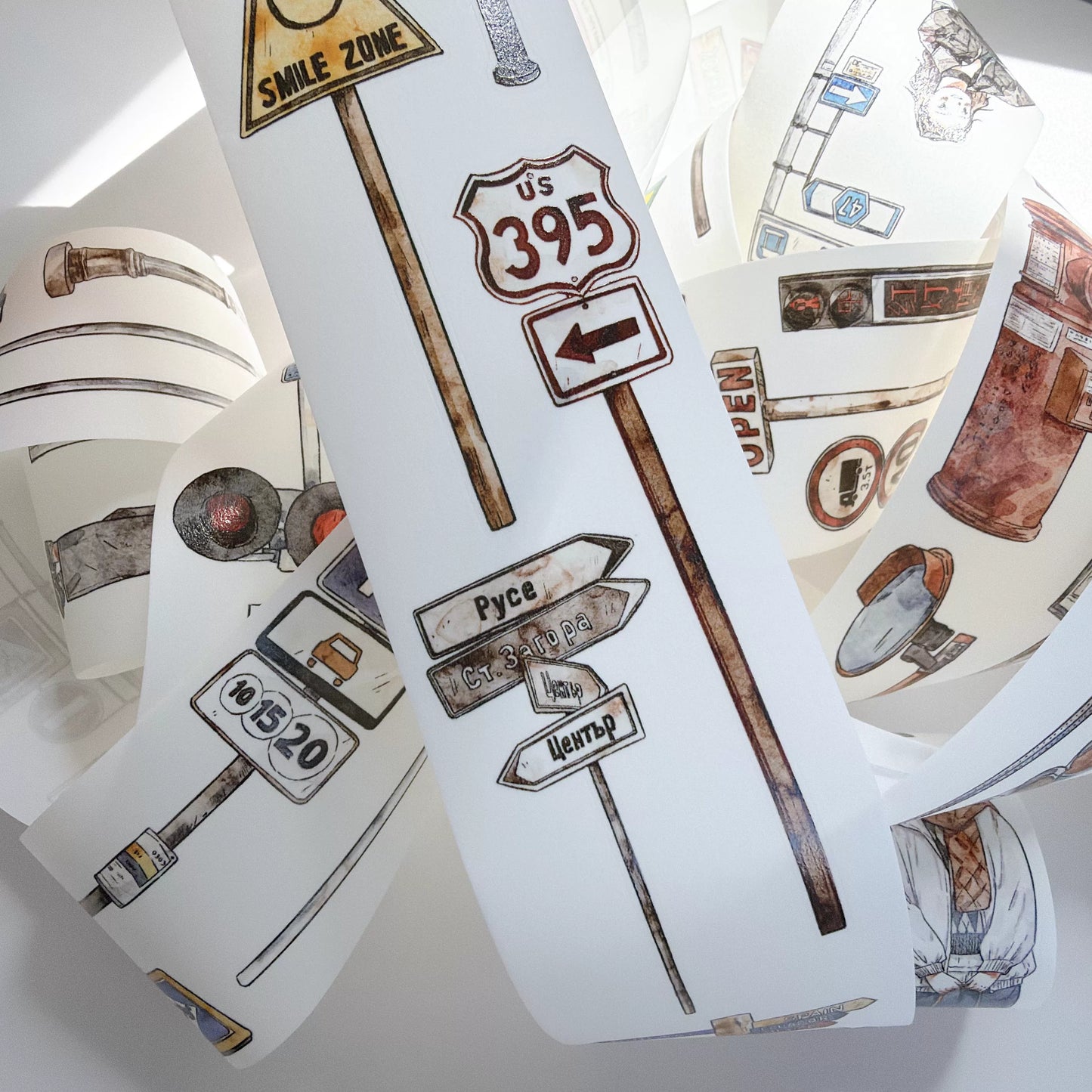 Kaixiaoxun Vol13【Road Sign】 Pre-Cut Long Loop Washi/Matte PET Tape for Scrapbook Supplies,Junk Journal Supplies